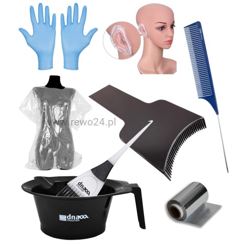 Zestaw do balejażu: miska, pędzel, grzebień, paletka, folia i inne