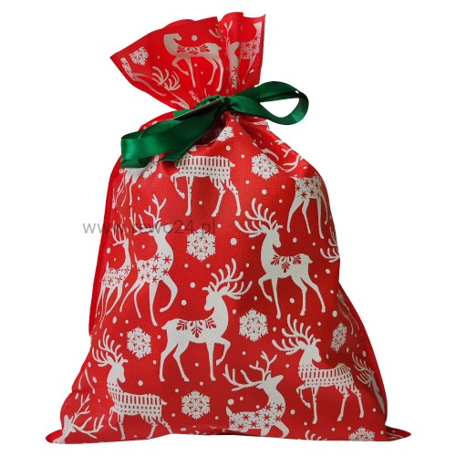 Worek na prezent- Czerwony w Renifery- Średni 30x45cm