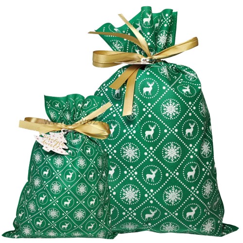 Worek na prezent - Zielony w Renifery - Mały lub Średni