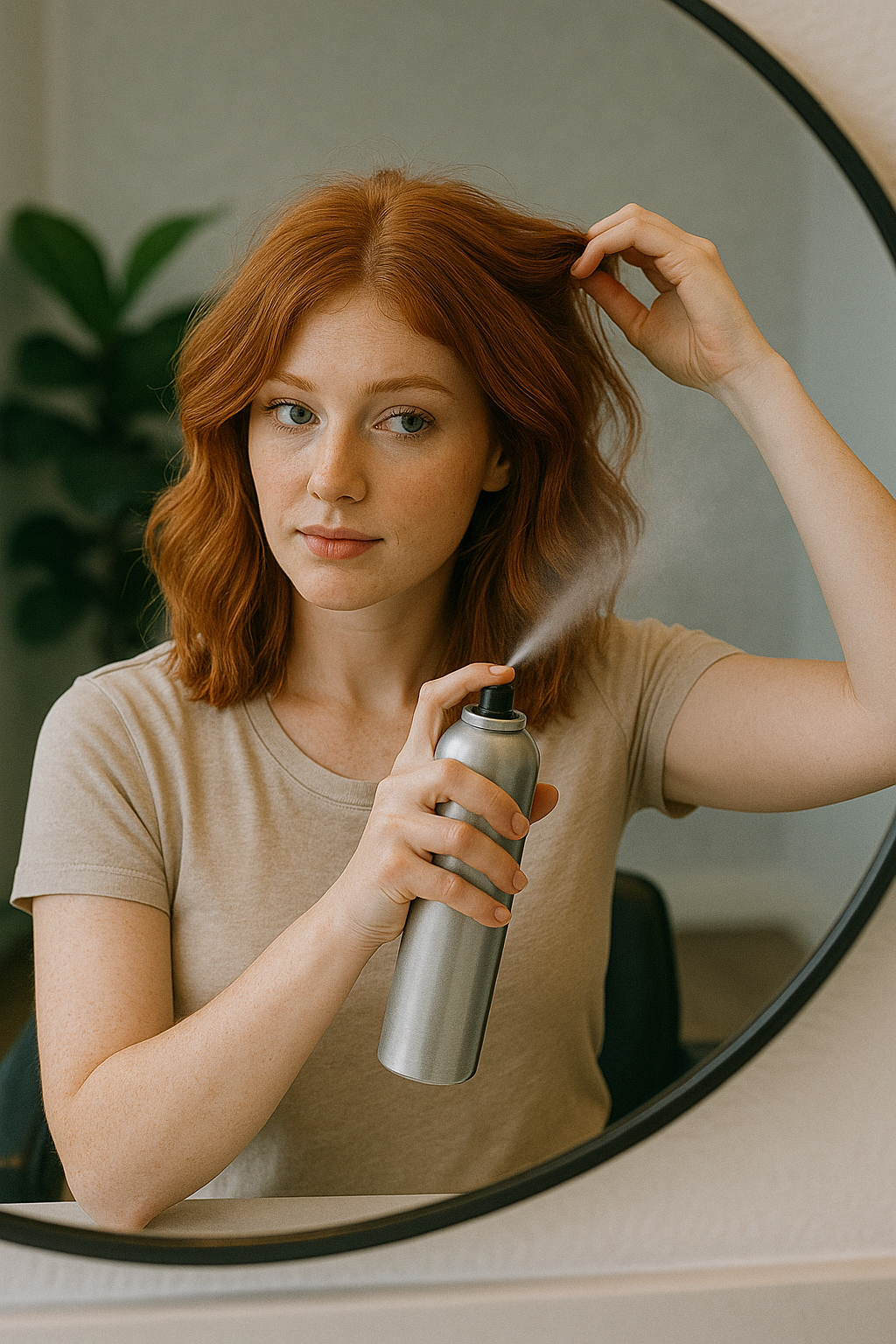 kobieta w trakcie stylizacji włosów sprayem na objętość