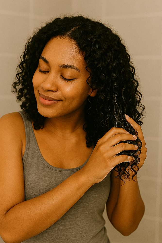 Kobieta nakładająca krem do loków na kręcone włosy